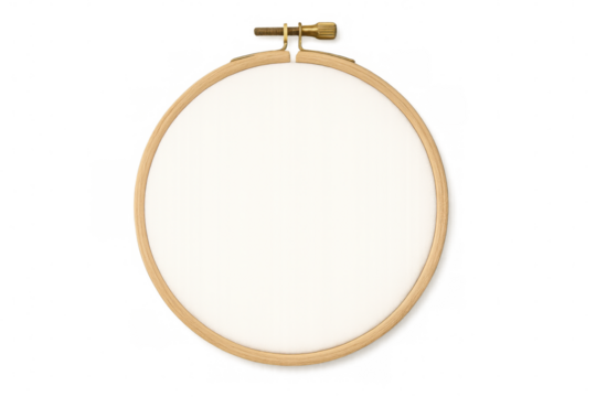Circular wooden embroidery frame holding pristine white fabric, preparing for crafting needlework design on transparent backdrop