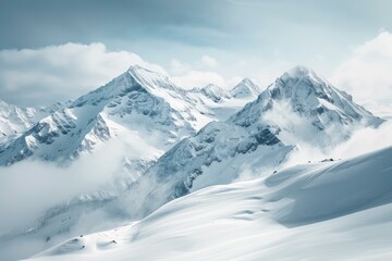 Fototapeta premium Majestic snow capped mountain peaks rising above a layer of clouds, creating a breathtaking winter landscape