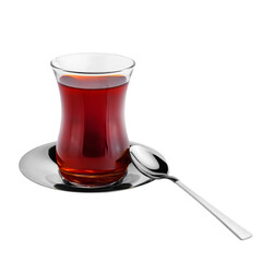 Clear Turkish tea glass filled with hot tea, presented on a metal saucer with a spoon, ideal for...