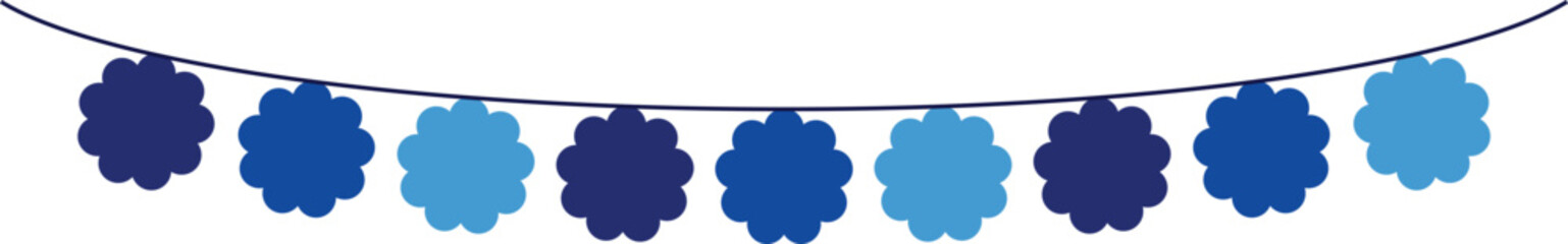 Bunting Banner with Flower Shape Flags - Decorative bunting banner in shades of blue hung on a thin string