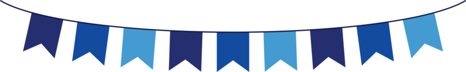 Bunting Banner with Ribbon Tail Flags - Decorative bunting banner in shades of blue hung on a thin string
