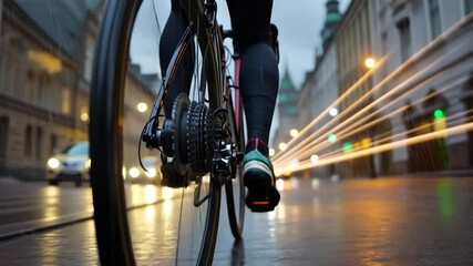 Cyclist riding bicycle on wet city street at dusk with blurred motion trails and reflections. Focus on wheel and legs with urban background and bokeh lights