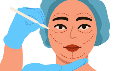 Plastic surgeon holding pencilg incision lines with marker on female face