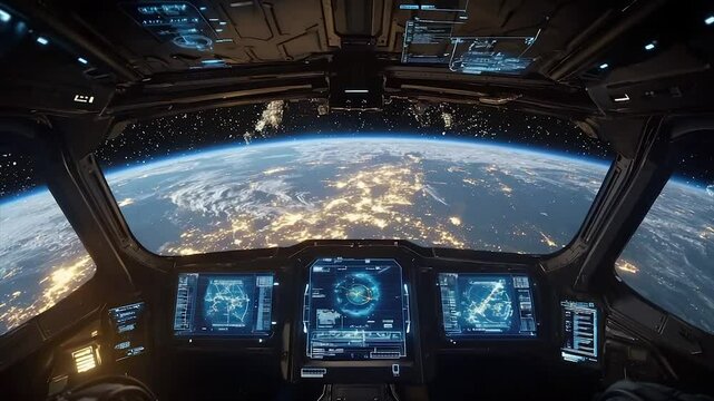 Futuristic spaceship cockpit overlooking a night Earth