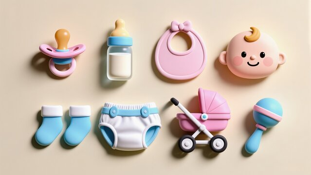 Baby icon set in 3D, 4 icons on top row and 4 on bottom top with pacifier, milk bottle, bib, and baby face; bottom with socks, diaper, stroller, and rattle, pastel pink and blue theme - Powered by Adobe