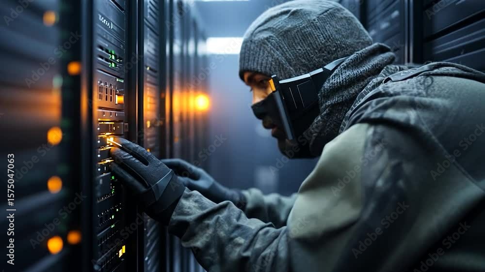 Poster a person wearing a mask and beanie interacting with server racks in a data center. the scene is diml