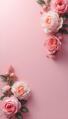 Delicate Pink Roses on a Pastel Background.A visually appealing image featuring a variety of delicate pink roses and buds arranged in a corner of a soft, pastel pink backdrop.
