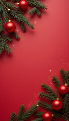 Festive Christmas Decoration on a Red Background.A vibrant red background is adorned with sprigs of evergreen, and several glistening red Christmas ornaments.