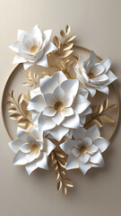 Elegant Paper Flower Arrangement in Gold and White.A stunning, close-up view of a meticulously crafted paper flower bouquet.