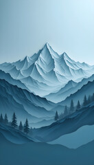 Serene Mountain Landscape in Shades of Blue.A captivating digital illustration of a majestic mountain range bathed in a soft, cool blue hue.