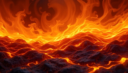 Molten Lava Flowing Over a Volcanic Landscape.A breathtaking close-up view of a fiery lava flow cascading over a textured volcanic landscape.