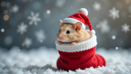 Adorable Little Rat Dressed in Santa Hat and Stocking in Snow.A charming little rat, likely a pet, is nestled in a red Santa stocking, wearing a matching Santa hat.