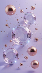 Elegant, 3D Rendered Rose Gold and Clear Glass Spheres on a Pastel Background.A captivating image showcasing a collection of translucent, iridescent glass spheres and glossy rose gold spheres levitati