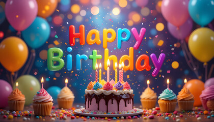Happy Birthday Celebration with Cake and Balloons.A vibrant and joyful image of a birthday celebration.