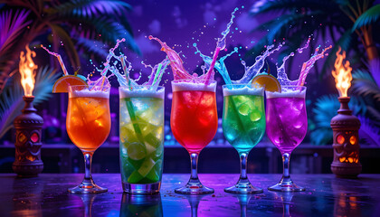 Vibrant Cocktails Splashing in a Tropical Nightclub Setting.Five colorful cocktails with splashing liquid and colorful straws, showcased against a vibrant, neon-lit tropical nightclub backdrop.
