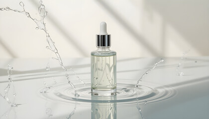 Elegant skincare serum bottle with water splash.A high-quality studio shot showcasing a clear glass serum bottle with a dropper top, positioned within a circle of water ripples.