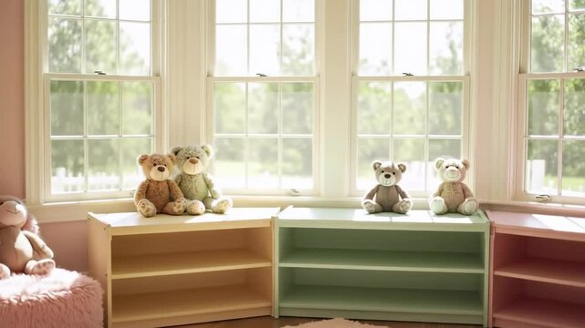 Pastel-Colored Bookshelves with Teddy Bears by a Bay Window