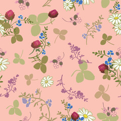 Pattern of wildflower tea collection, colorful wildflower bouquets and scattered flowers, leaves, twigs pattern on warm pastel pink background.
