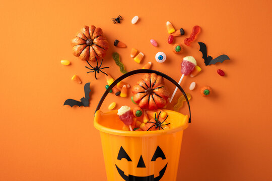 Trick or treat candies in a Halloween pumpkin bucket surrounded by spooky decorations