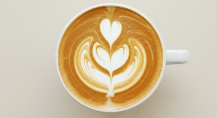 A circular latte in a white cup, adorned with heart-shaped latte art, set against a soft beige background, conveying warmth and elegance.