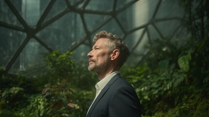 Man contemplating botanical garden: An attractive man with a distinguished look gazes upward in a biodome, a symphony of lush greenery enveloping him in a moment of reflection and wonder.