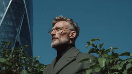 Stylish Confidence: A distinguished man, impeccably dressed and exuding a sense of quiet confidence, gazes upwards against a backdrop of modern architecture.