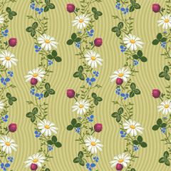 Pattern of wildflower tea collection, olive green version, vertical growing trailing wildflower pattern on winding stripes background.