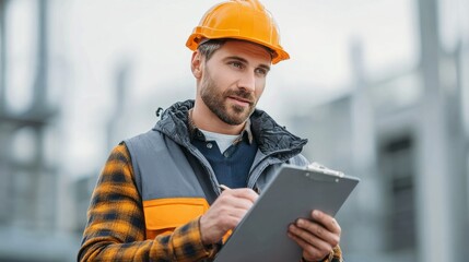 Construction site engineer inspecting project urban environment clipboard