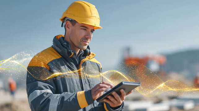 Engineer reading laser measurement display at construction site in daylight