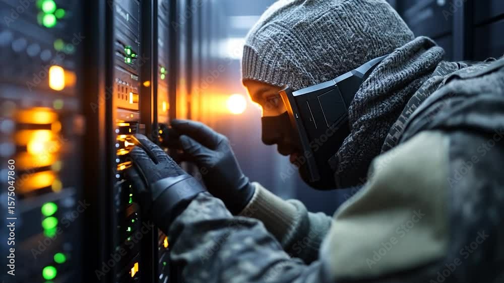 Aufkleber man in camouflaged attire interacting with server equipment inside a data center the image exhibits 