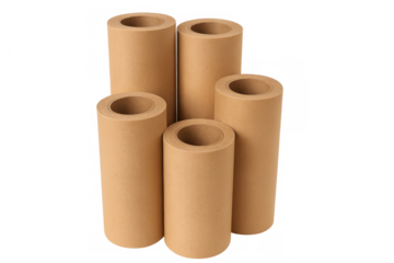 Brown packing paper rolls varying in size standing vertically, providing sustainable packaging solution, aligned neatly on transparent backdrop