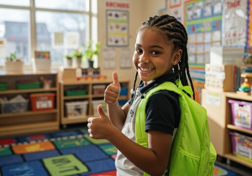 An excited school girl gives a thumbs up in a well-lit classroom.