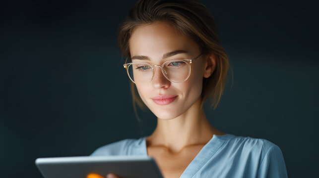 Female executive analyzing real-time data with ai in modern office