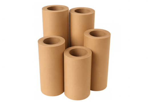 Brown packing paper rolls varying in size standing vertically, providing sustainable packaging solution, aligned neatly on transparent backdrop