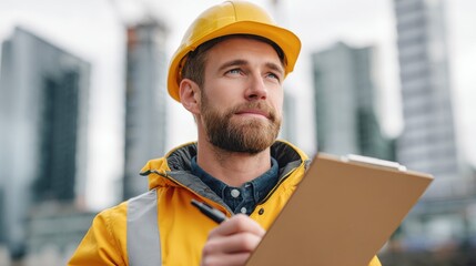 Male engineer conducts final safety walkthrough at urban construction site