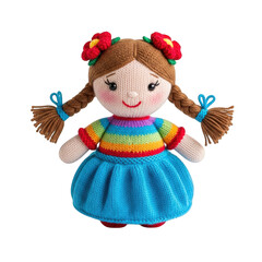 Fototapeta premium Cute knitted girl doll with braided hair wearing a rainbow shirt and blue skirt isolated on transparent background