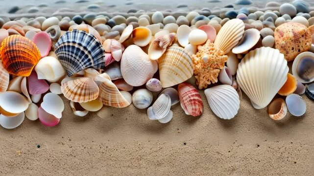 Seashells on the shore: a collection of colorful seashells, each with its own unique pattern and texture, are arranged on the sandy shore, with tiny pebbles. An inviting composition of textures.