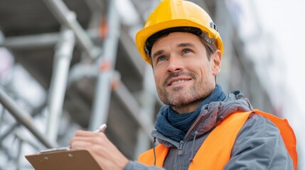 Construction safety officer setting up fall protection sign on site