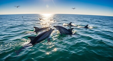 Pod of dolphins swimming gracefully in the ocean under bright sunlight and clear blue sky with birds flying above in a scenic natural wildlife panorama