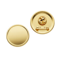 Two polished gold circular lapel pins with pin backs isolated on transparent background