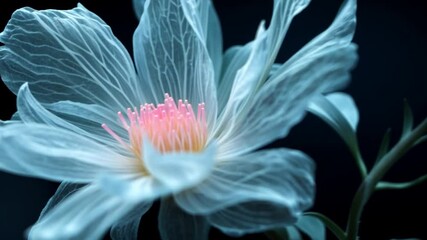 A digital artwork depicting a luminescent, ethereal flower against a dark background featuring a translucent petal structure and pink center detail. Selective focus creates a soft, dreamlike ambiance - Powered by Adobe