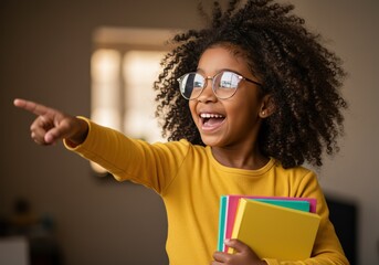 An adorable girl points with excitement, clutching books with glee in preparation for school.