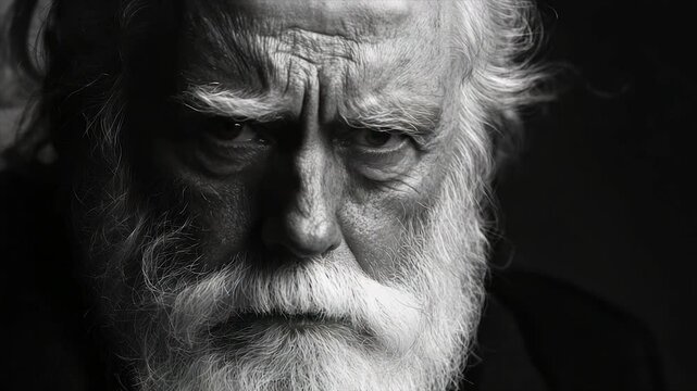 Close-up black and white portrait of an elderly man with a stern expression, showing wrinkles and a long white beard