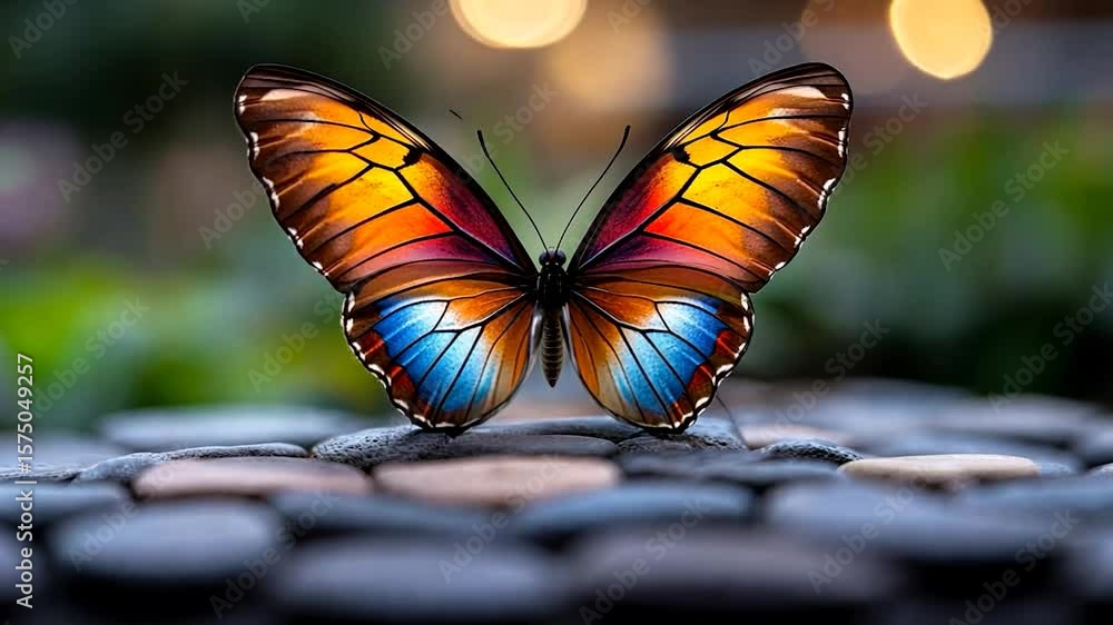 Poster close-up of a vibrant butterfly with open wings perched on pebbles against a blurred background of g