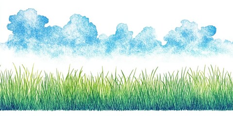 Obraz premium Watercolor grass and clouds landscape illustration. Green grass and blue clouds with sky form a bright outdoors background. Nature field, soft landscape, serene environment, decorative art, perfect
