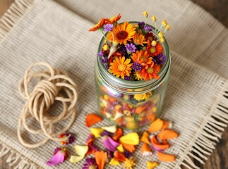 Botanical Bounty: A glass jar overflows with vibrant petals, alongside a coil of twine, all presented atop a textured, natural surface. A visual symphony of natural aesthetics.