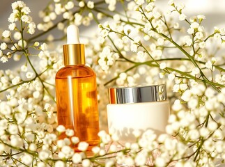 Botanical Beauty Serum: A close-up image of elegant skincare products, embraced by delicate, fresh blooms, presenting a visual feast of organic beauty and natural wellness.