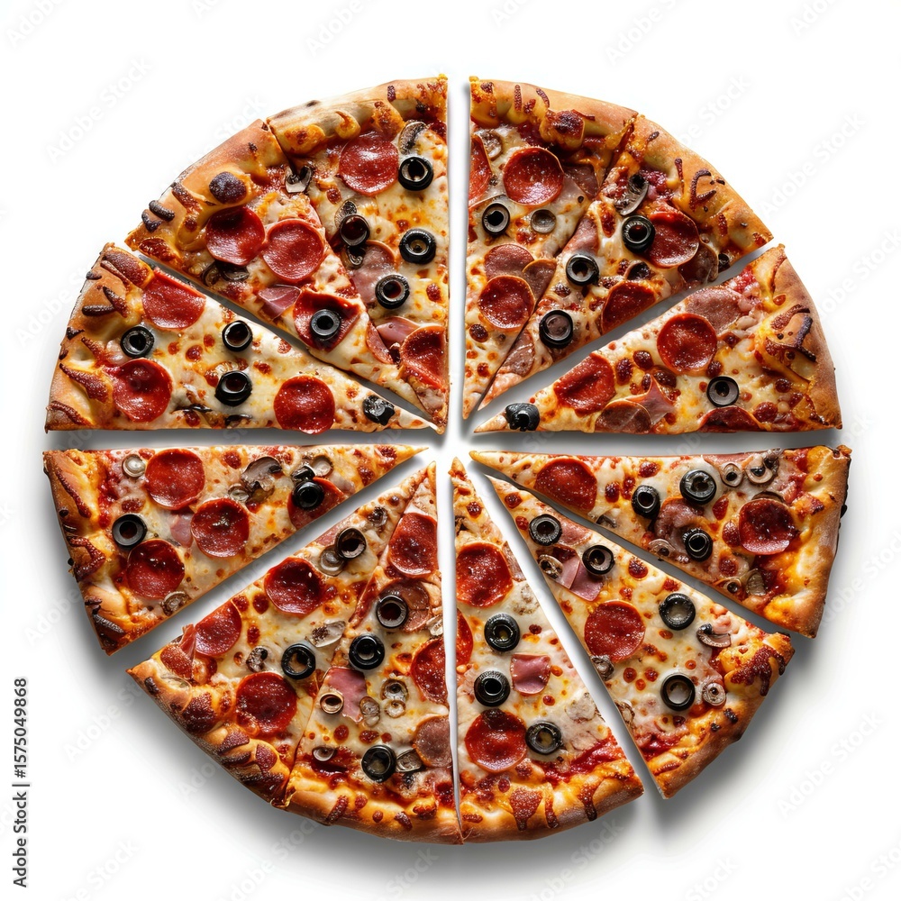 Poster overhead view of a sliced pepperoni pizza with black olives and ham, creating a tempting image for f