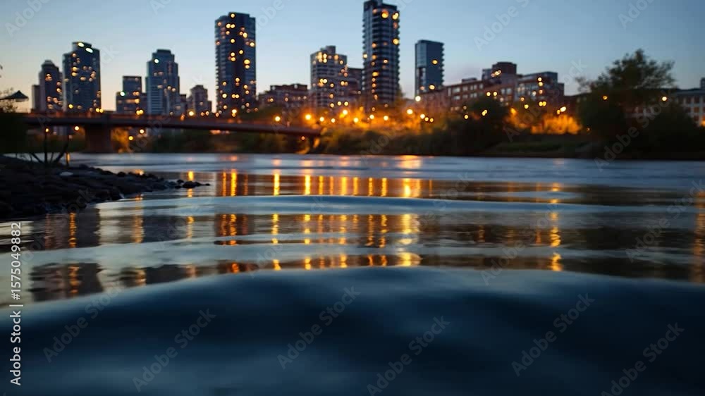 Aufkleber evening cityscape reflecting in river water under a twilight sky. the scene captures building lights