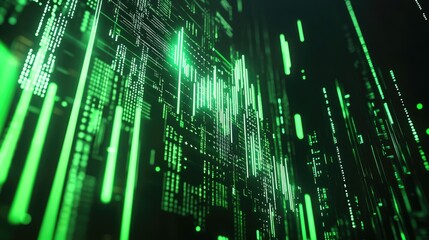 Abstract visualization of green financial data graphs and vertical lines forming a complex digital matrix with glowing grid overlays, symbolizing analytics and market activity. Generative by AI